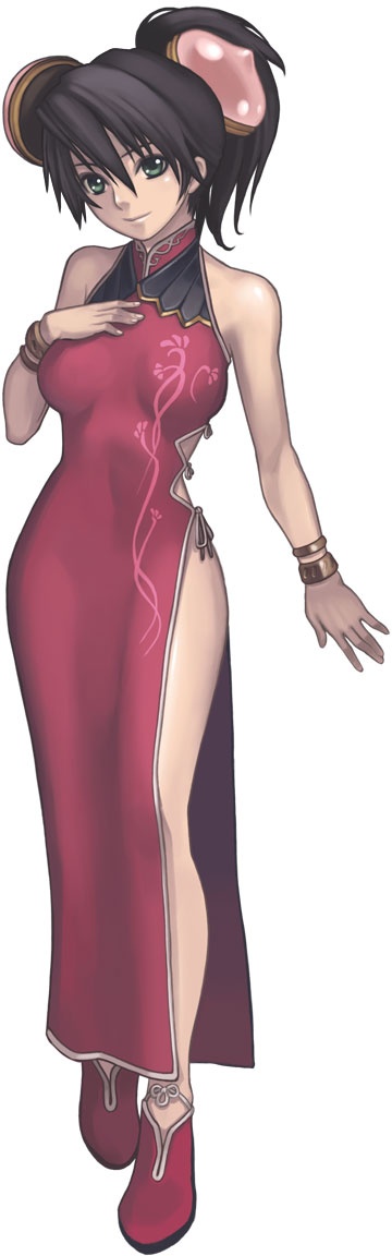 nagi ryou, misha arsellec lune, ar tonelico, ar tonelico i, gust, long image, official art, tall image, 00s, 1girl, alternate costume, bare shoulders, black hair, breasts, china dress, chinese clothes, dress, female focus, full body, green eyes, side slit, simple background, smile, solo, white background