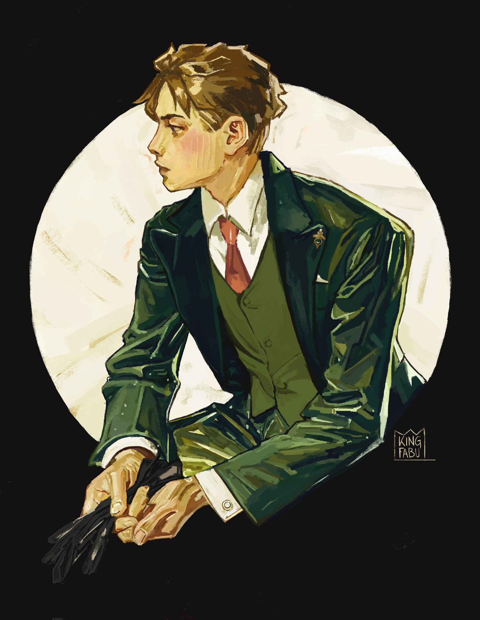 king fabu, twilight (spy x family), spy x family, commentary, english commentary, highres, 1boy, black gloves, blonde hair, circle, closed mouth, collared shirt, formal clothes, gloves, green suit, green vest, holding, holding gloves, holding unworn clothes, male focus, necktie, shirt, short hair, signature, sitting, solo, suit, unworn gloves, vest