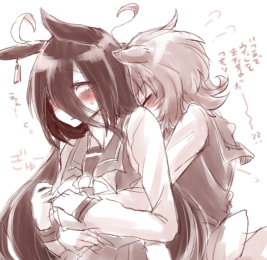 kagosumi, agnes tachyon (umamusume), manhattan cafe (umamusume), umamusume, translation request, 2girls, ahoge, animal ears, arms around waist, blush, bow, bowtie, cuddling, ear ornament, ear tag, earrings, flustered, hair between eyes, horse ears, horse girl, hug, hug from behind, jewelry, long hair between eyes, multicolored hair, multiple girls, puff of air, sailor collar, school uniform, single earring, tracen school uniform
