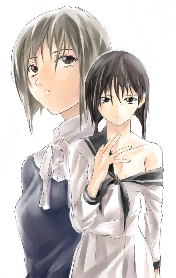 bare shoulders, black hair, brown eyes, school uniform, serafuku, short hair, undressing