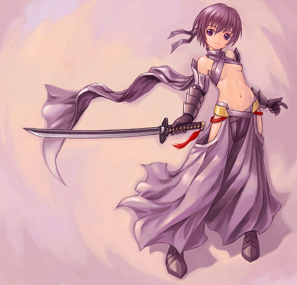 avast, bad id, bad pixiv id, 1girl, armor, bare shoulders, blue eyes, breasts, closed mouth, female focus, full body, hakama, holding, holding sword, holding weapon, japanese clothes, katana, midriff, navel, purple eyes, purple hair, revealing clothes, short hair, sideways glance, small breasts, solo, standing, sword, underboob, weapon