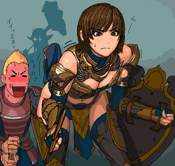 final fantasy, final fantasy xi, translation request, 00s, 1boy, 1girl, angry, armor, bare shoulders, blush, breasts, brown eyes, brown hair, gauntlets, glowing, glowing eyes, holding, holding weapon, hume, japanese text, leaning forward, male masturbation, masturbation, midriff, oekaki, open mouth, revealing clothes, shield, short hair, smile, solo focus, sweat, sweatdrop, text focus, thighhighs, weapon