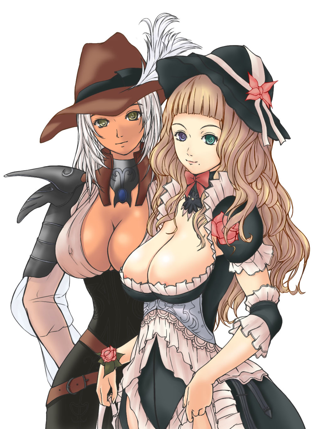 scout (granado espada), warlock (granado espada), granado espada, silver hair, highres, 2girls, areola slip, blonde hair, breasts, cleavage, corset, covered erect nipples, dark-skinned female, dark skin, dress, hat, heterochromia, huge breasts, long hair, multiple girls, nipple slip, nipples