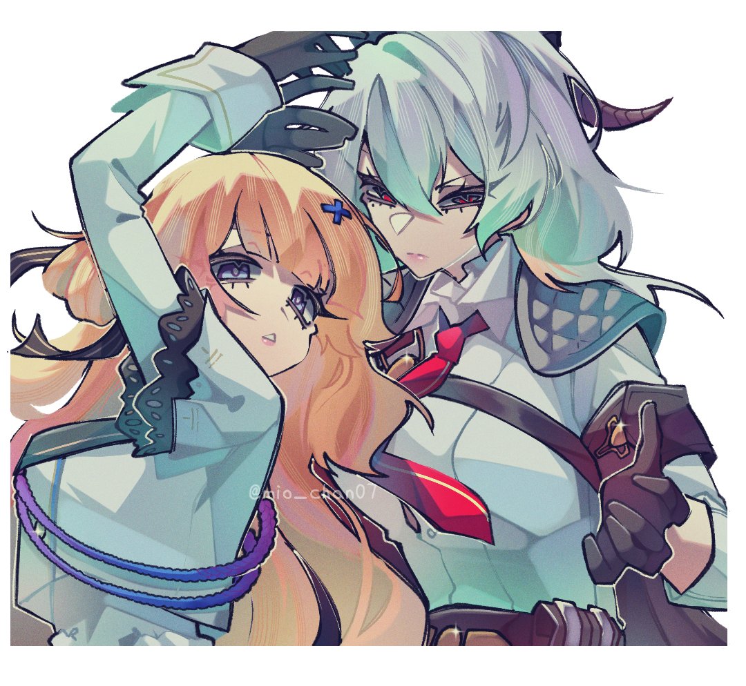 mio chan07, phoebe (wuthering waves), zani (wuthering waves), wuthering waves, commentary, english commentary, 2girls, arm up, armband, black armband, black gloves, black horns, blonde hair, blue eyes, breasts, chest harness, gloves, grey hair, hair between eyes, hair ornament, harness, horns, long hair, long sleeves, looking at viewer, medium breasts, multiple girls, necktie, parted lips, red eyes, red necktie, shirt, simple background, upper body, very long hair, white background, white shirt, x hair ornament