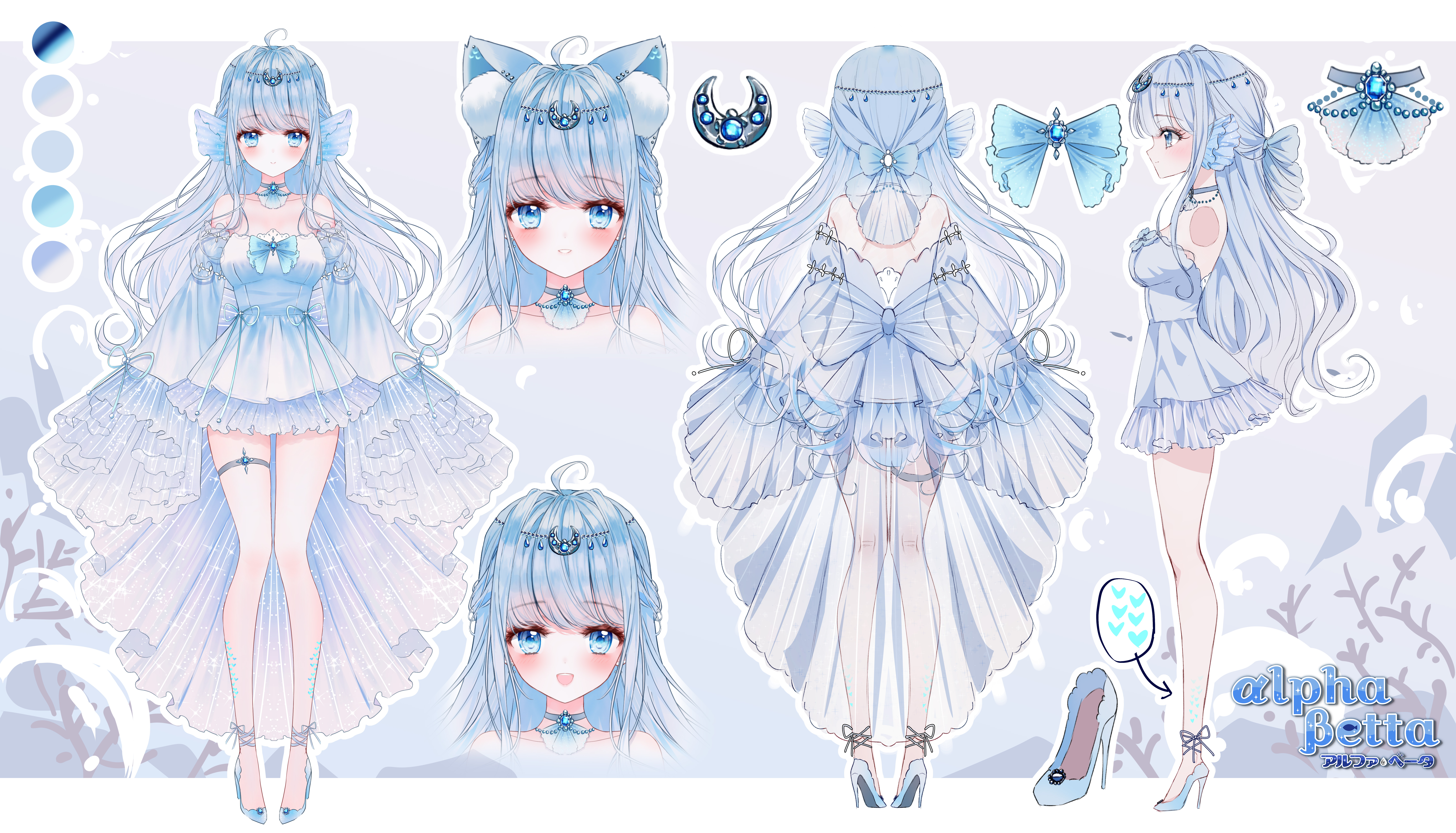 tandohark, alpha betta (vtuber), v-dere, absurdres, highres, official art, 1girl, :d, ahoge, animal ears, bare shoulders, blue bow, blue dress, blue eyes, blue hair, blue shoes, blush, bow, breasts, cat ears, character name, choker, closed mouth, collarbone, crescent, crescent hair ornament, detached sleeves, dress, hair ornament, half updo, heart, high heels, jewelry, kemonomimi mode, long hair, looking at viewer, medium breasts, multiple expressions, multiple views, open mouth, outline, outside border, parted lips, reference sheet, see-through clothes, see-through dress, shoes, sleeves past fingers, sleeves past wrists, smile, speech bubble, standing, thigh strap, very long hair, virtual youtuber, white outline