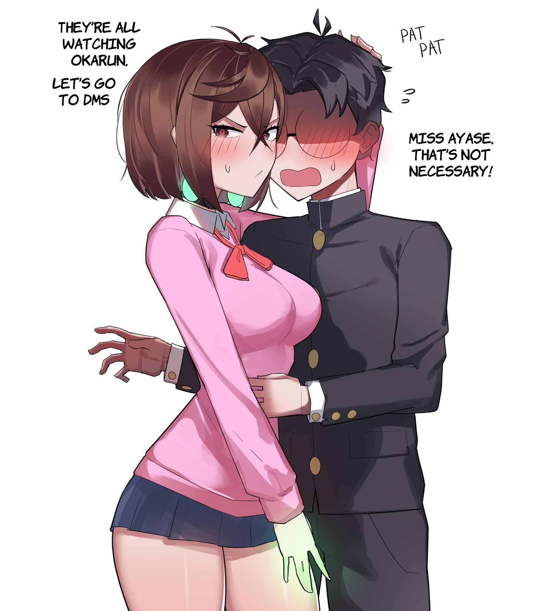 ti keep, ayase momo, takakura ken (dandadan), dandadan, highres, 1boy, 1girl, black hair, blush, brown hair, school uniform, short hair