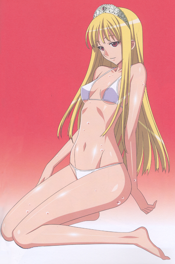 kuroda kazuya, hime (kaibutsu oujo), kaibutsu oujo, 00s, barefoot, bikini, blonde hair, gradient background, red eyes, solo, swimsuit, toes, wet, white bikini