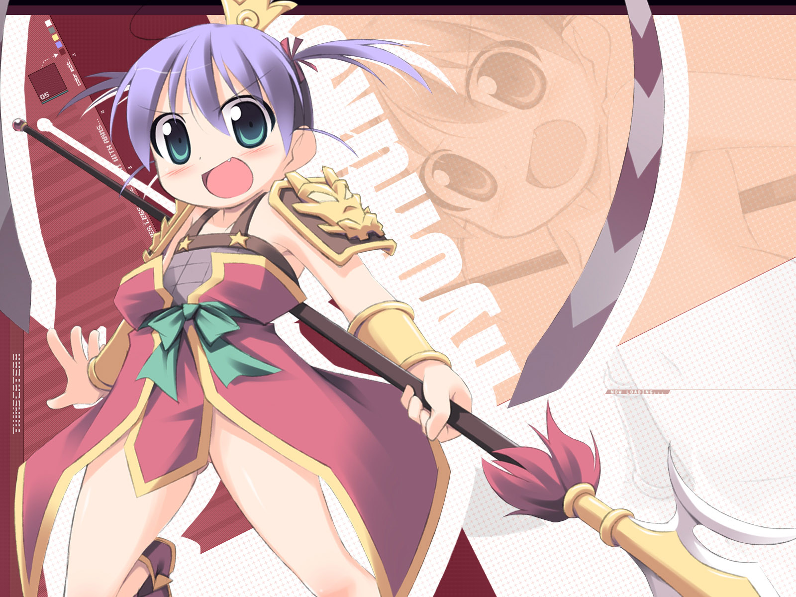 kagura yuuki, lu bu, ryofu housen, ryofuko, yawaraka sangokushi tsukisase!! ryofuko-chan, light purple hair, highres, 00s, 1girl, :d, blush, bow, bowtie, character name, dress, female focus, flat chest, green bow, green bowtie, halberd, headdress, lance, long sleeves, looking at viewer, open mouth, polearm, red dress, ryofu housen (ryofuko-chan), short hair, side ponytail, smile, solo, tareme, tassel, weapon