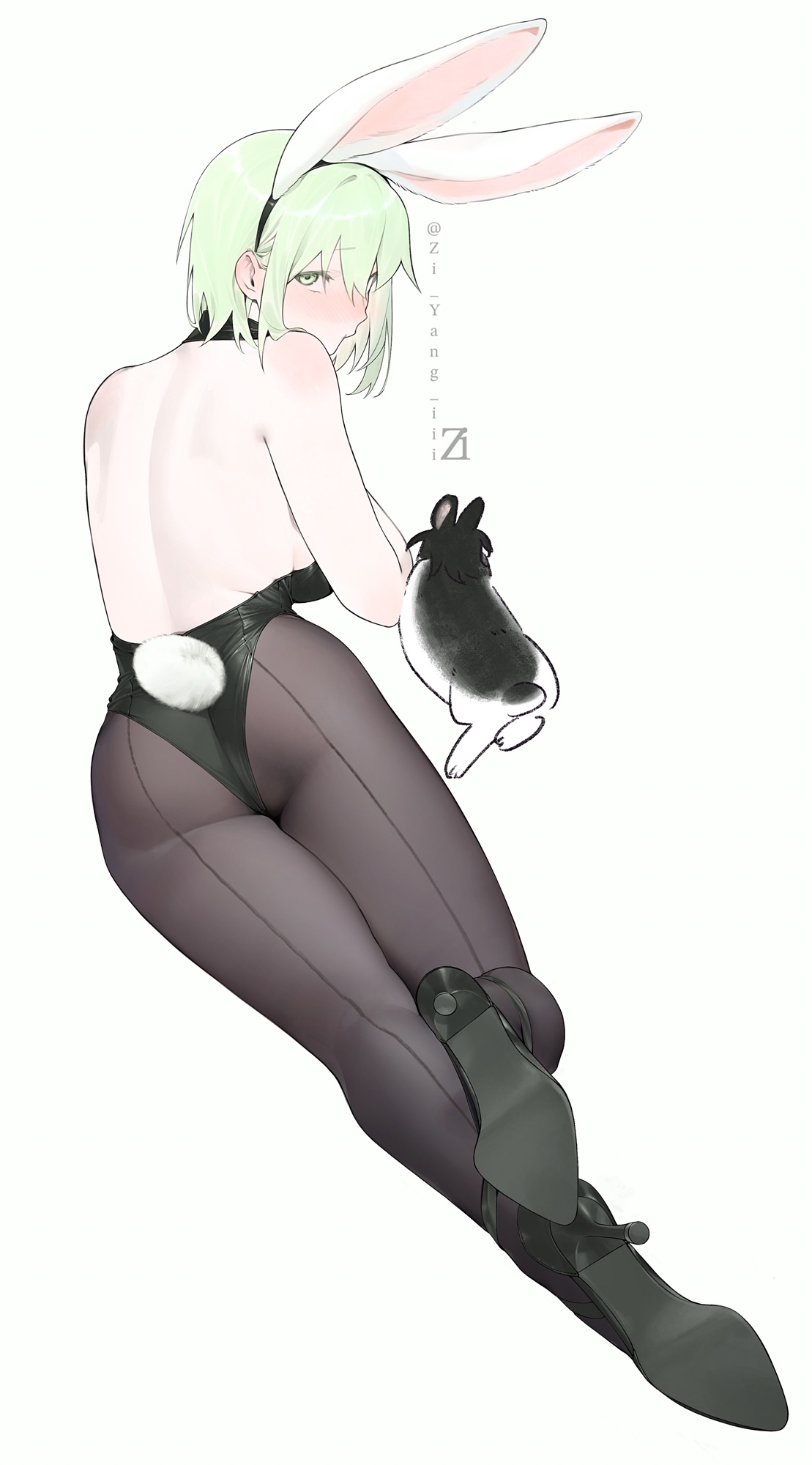 cheng (zi74438982), original, hashtag-only commentary, highres, 1girl, animal, animal ear hairband, animal ears, artist name, ass, back, backless leotard, black shoes, fake animal ears, fake tail, full body, green eyes, green hair, grey background, hairband, high heels, leotard, looking at viewer, looking back, playboy bunny, rabbit, rabbit ears, rabbit tail, shoes, short hair, simple background, tail, twitter username, white background