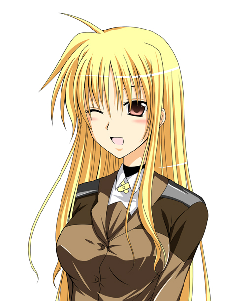 kirisaki byakko, fate testarossa, lyrical nanoha, mahou shoujo lyrical nanoha, mahou shoujo lyrical nanoha strikers, 00s, 1girl, ;d, ahoge, blonde hair, blush, breasts, brown eyes, brown jacket, female focus, jacket, large breasts, long sleeves, looking at viewer, military, military uniform, one eye closed, open mouth, simple background, smile, solo, white background