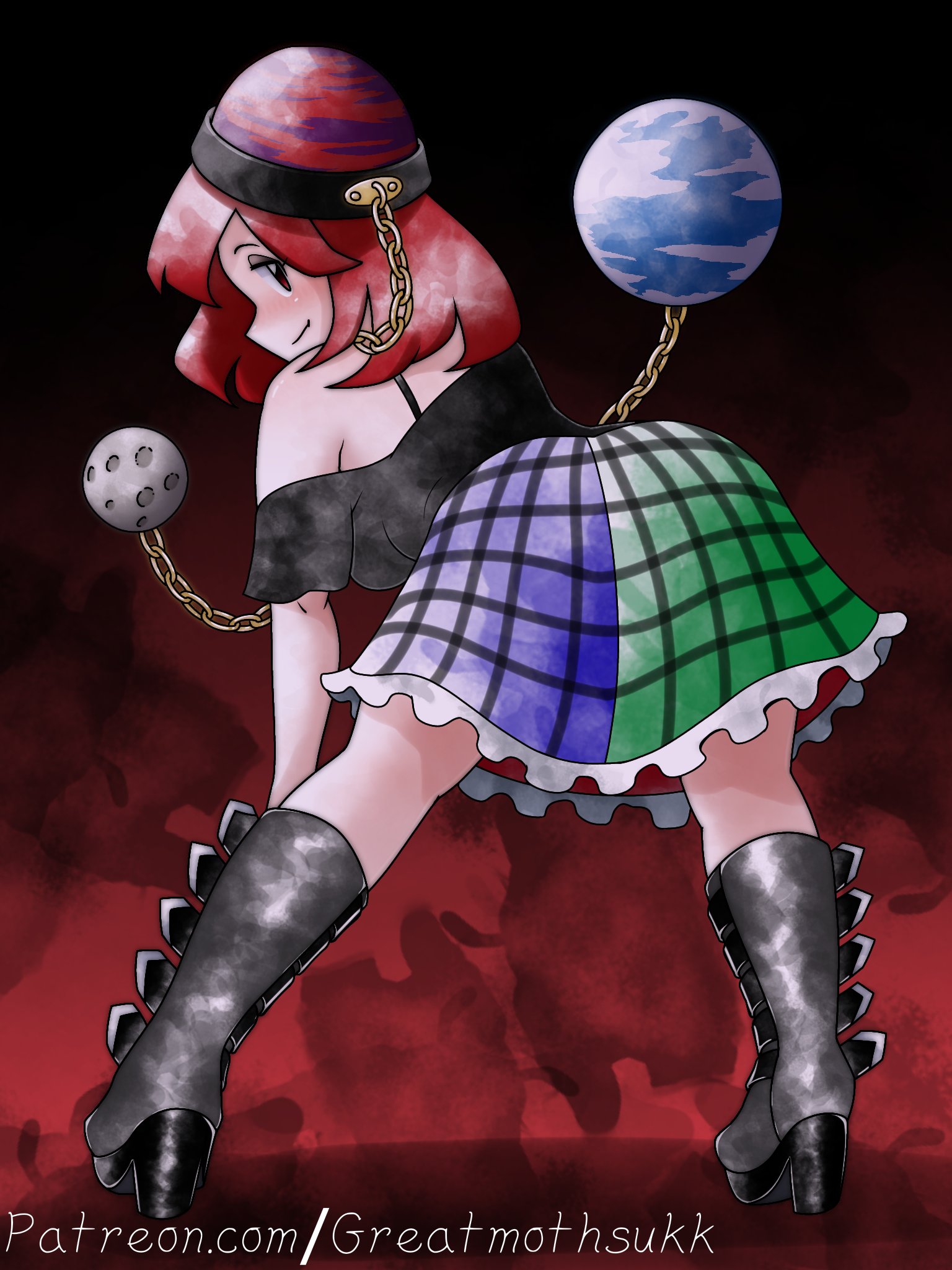 greatmothsucks, hecatia lapislazuli, touhou, highres, paid reward available, 1girl, arched back, bare shoulders, black boots, black shirt, boots, chain, earth (ornament), gold chain, hand on own knee, knee boots, looking at viewer, moon (ornament), multicolored skirt, off-shoulder shirt, off shoulder, red eyes, red hair, shirt, short hair, skirt, t-shirt, underworld (ornament)