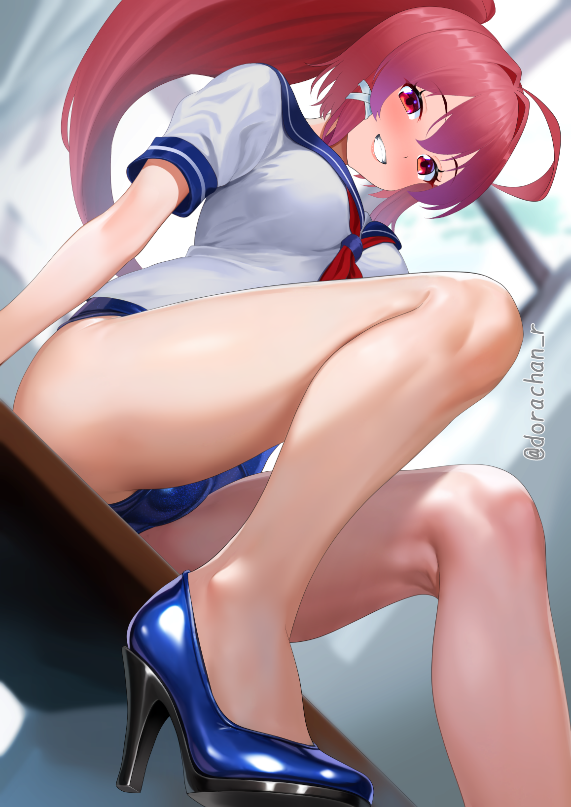 dorachan r, i-168 (kancolle), kantai collection, highres, 1girl, ahoge, blush, breasts, day, hair ribbon, high heels, indoors, long hair, looking at viewer, looking down, one-piece swimsuit, ponytail, red eyes, red hair, ribbon, school swimsuit, school uniform, serafuku, serasuku, smile, solo, swimsuit, swimsuit under clothes, table, thighs, twitter username, window