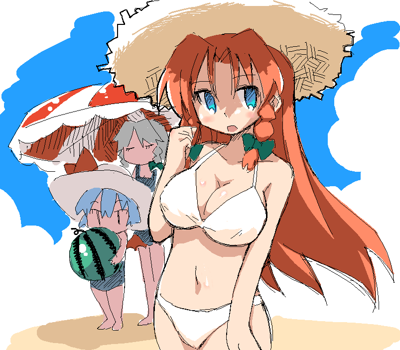 shaomin, hong meiling, izayoi sakuya, remilia scarlet, embodiment of scarlet devil, touhou, 3girls, beach, bikini, breasts, female focus, food, fruit, multiple girls, oekaki, outdoors, sky, swimsuit, watermelon