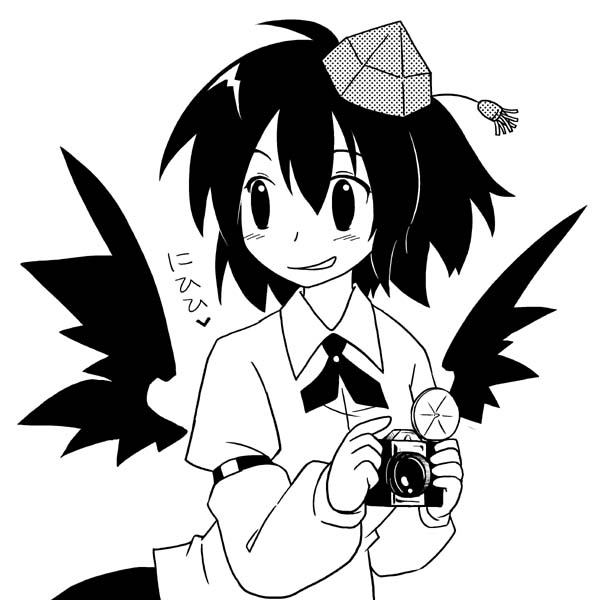 shaomin, shameimaru aya, touhou, looking away, 1girl, camera, female focus, greyscale, grin, hat, monochrome, smile, solo, tokin hat
