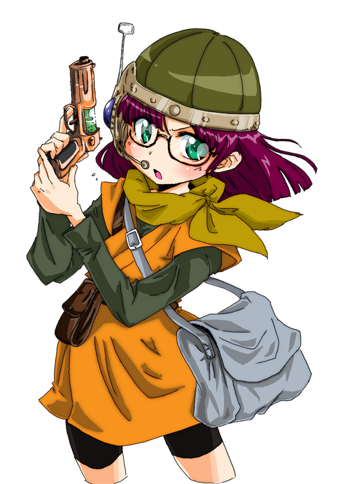 hokoro, lucca ashtear, chrono (series), chrono trigger, bad id, bad pixiv id, 1990s (style), 1girl, antennae, bag, bike shorts, female focus, glasses, green eyes, gun, hat, helmet, neckerchief, purple hair, retro artstyle, satchel, short hair, shorts, shoulder bag, simple background, solo, weapon