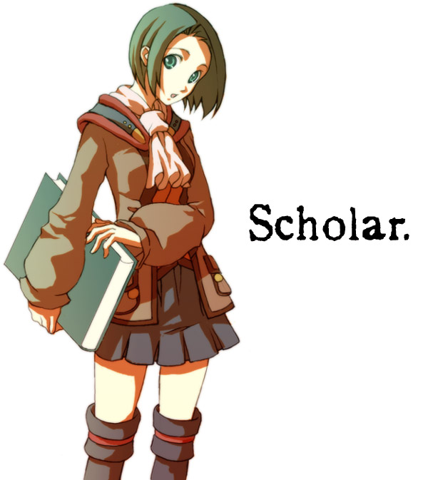scholar (final fantasy), final fantasy, final fantasy xi, 00s, 1girl, black boots, black skirt, book, boots, brown jacket, character name, female focus, green eyes, green hair, holding, holding book, hume, jacket, knee boots, long sleeves, looking at viewer, open clothes, open jacket, pink scarf, pocket, puffy long sleeves, puffy sleeves, scarf, short hair, simple background, skirt, solo, standing, thighhighs, white background, zettai ryouiki