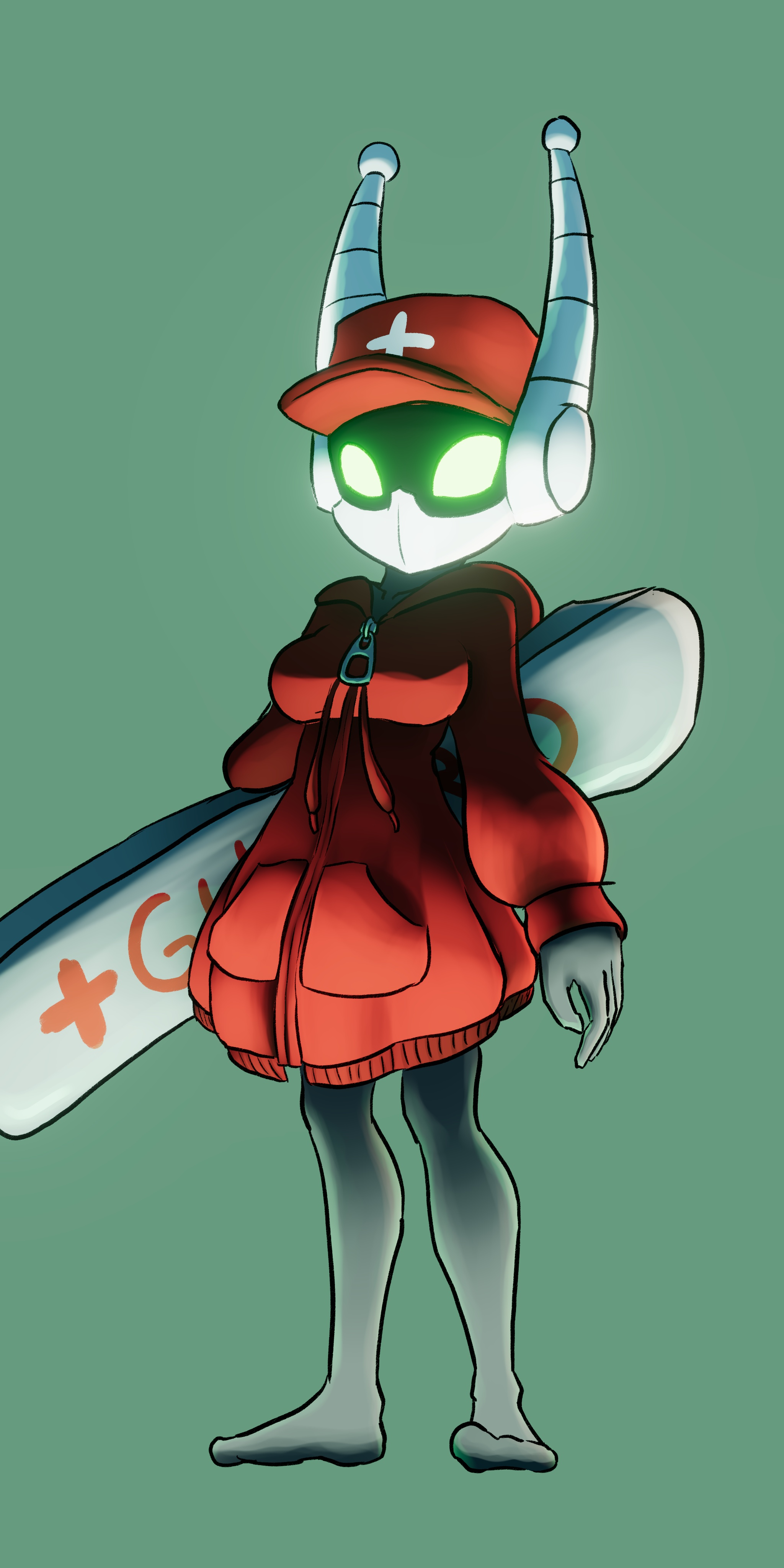 soandnb, hornet (hollow knight), sara (critatonic), hollow knight, hollow knight: silksong, original, 1girl, antennae, arthropod girl, barefoot, baseball cap, black skin, bodyboard, borrowed character, breasts, collarbone, colored skin, cross, cross print, glowing, glowing eyes, green background, green eyes, hat, hood, hoodie, lifeguard, long sleeves, looking at viewer, mechanization, medium breasts, oversized clothes, oversized hoodie, print headwear, red cross, red hat, red hoodie, robot, standing