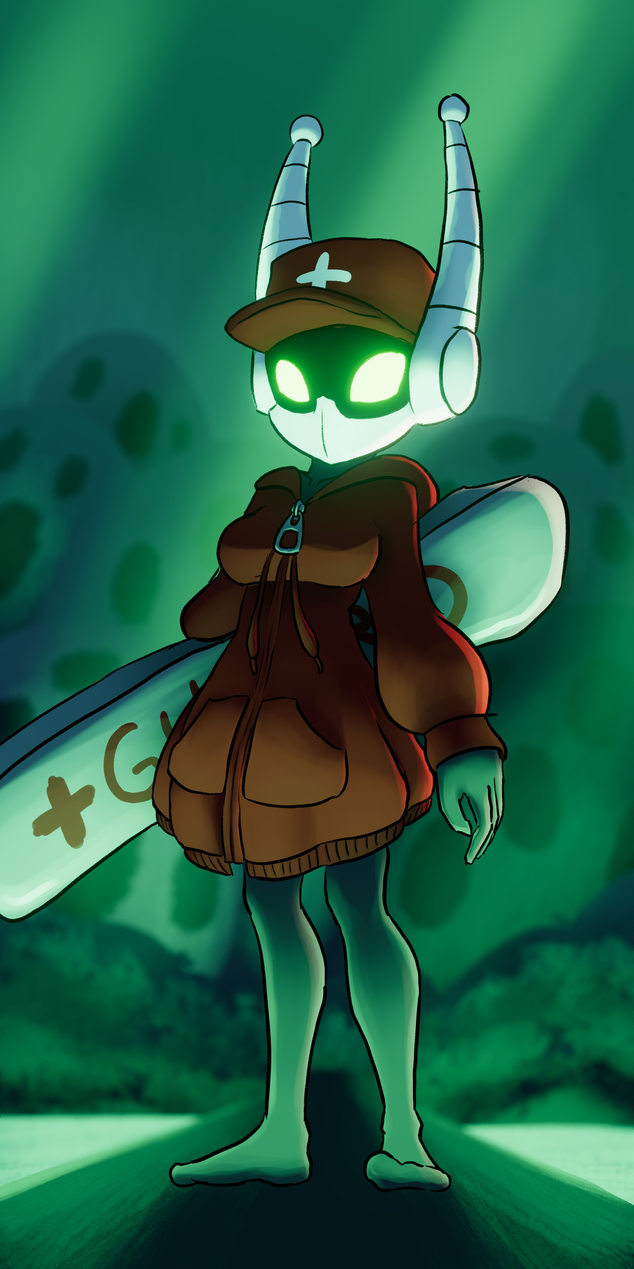 soandnb, hornet (hollow knight), sara (critatonic), hollow knight, hollow knight: silksong, original, 1girl, antennae, arthropod girl, barefoot, baseball cap, black skin, bodyboard, borrowed character, breasts, collarbone, colored skin, cross, cross print, glowing, glowing eyes, green background, green eyes, hat, hood, hoodie, lifeguard, light rays, long sleeves, looking at viewer, mechanization, medium breasts, oversized clothes, oversized hoodie, print headwear, red cross, red hat, red hoodie, robot, rock, standing