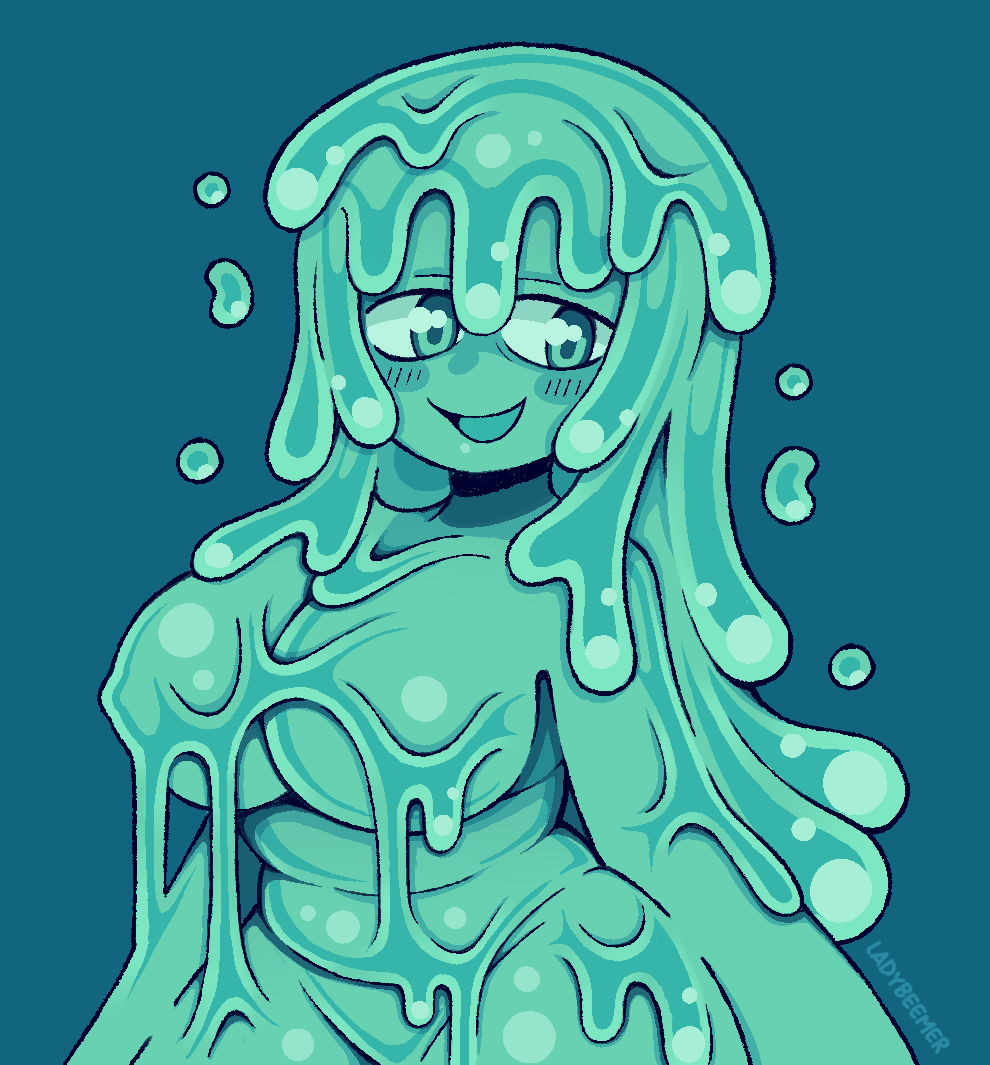 lady beemer, lymee, ishuzoku reviewers, 1girl, artist name, belly, blue background, blush, breasts, colored skin, green eyes, green hair, green skin, large breasts, long hair, looking at viewer, monster girl, open mouth, plump, simple background, slime (substance), slime girl, smile, solo