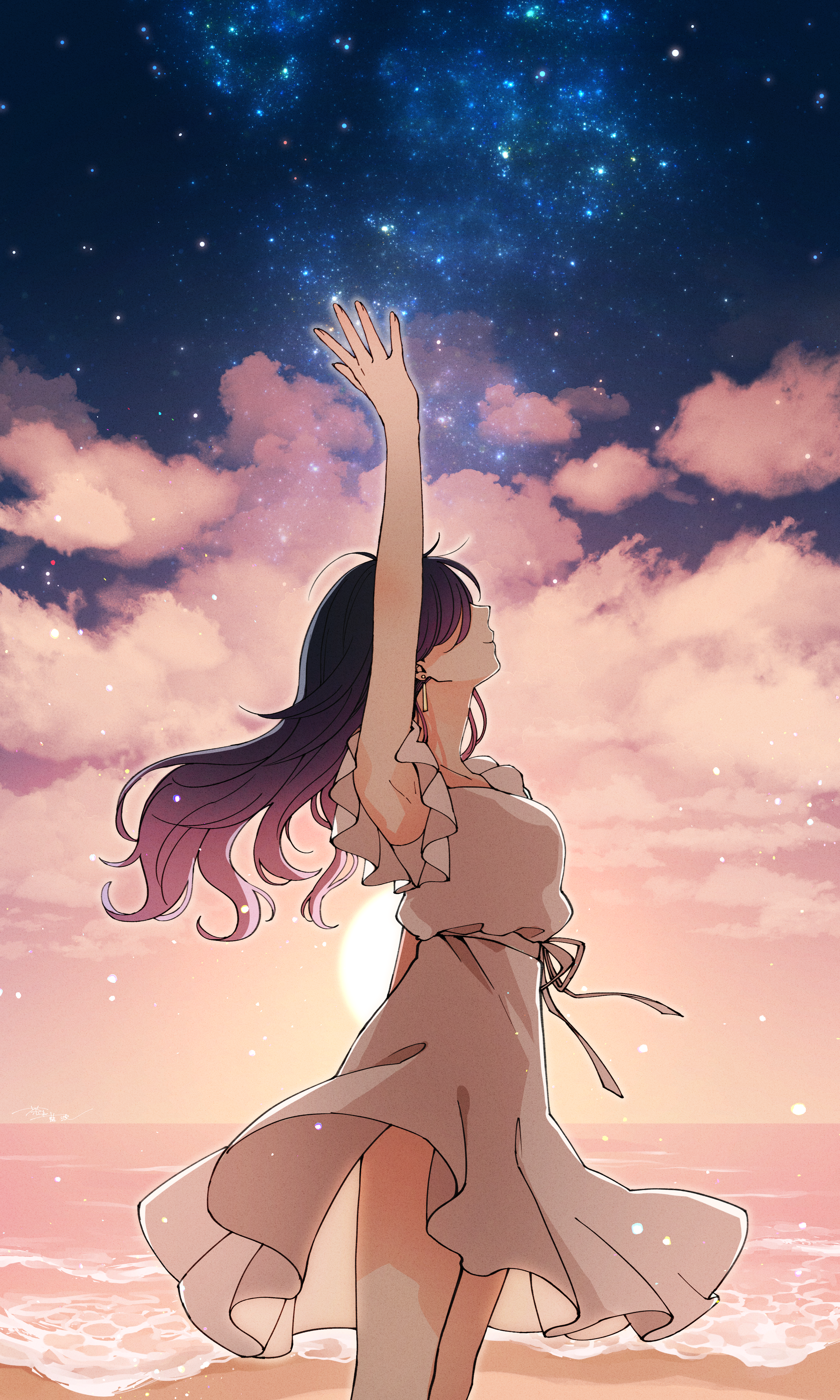 original, absurdres, commentary request, highres, 1girl, arm up, bare arms, bare shoulders, beach, black hair, chaki aiha, closed mouth, cloud, cowboy shot, dress, long hair, night, night sky, outdoors, sky, sleeveless, sleeveless dress, solo, star (sky), starry sky, sundress, white dress