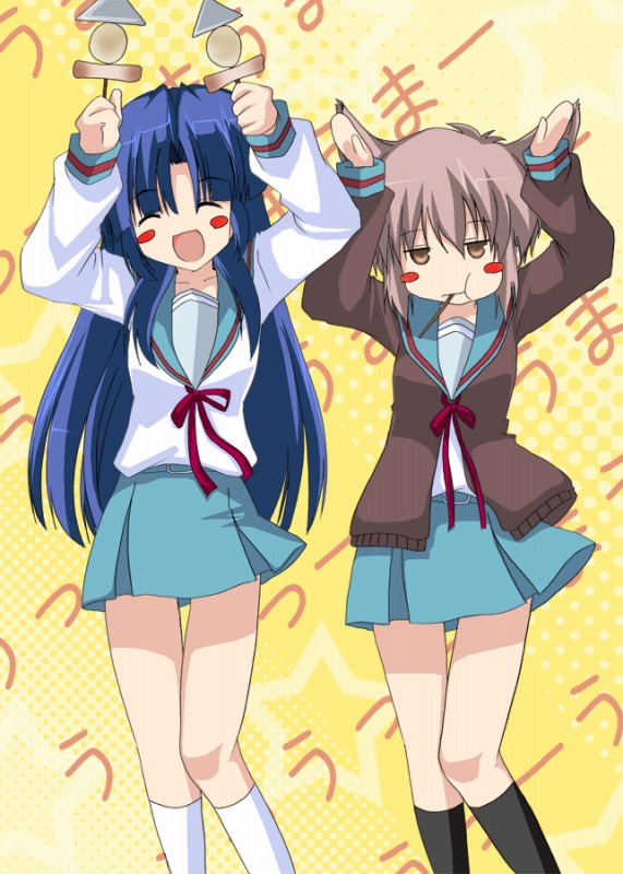 akane souichi, asakura ryoko, nagato yuki, popotan, suzumiya haruhi no yuuutsu, white legwear, 2girls, :d, ^ ^, black socks, blue hair, blue skirt, blush stickers, brown hair, caramelldansen, closed eyes, expressionless, female focus, halftone, halftone background, jitome, kneehighs, long hair, long sleeves, multiple girls, open mouth, parody, parted bangs, sailor collar, school uniform, serafuku, skirt, smile, socks, thigh gap, very long hair