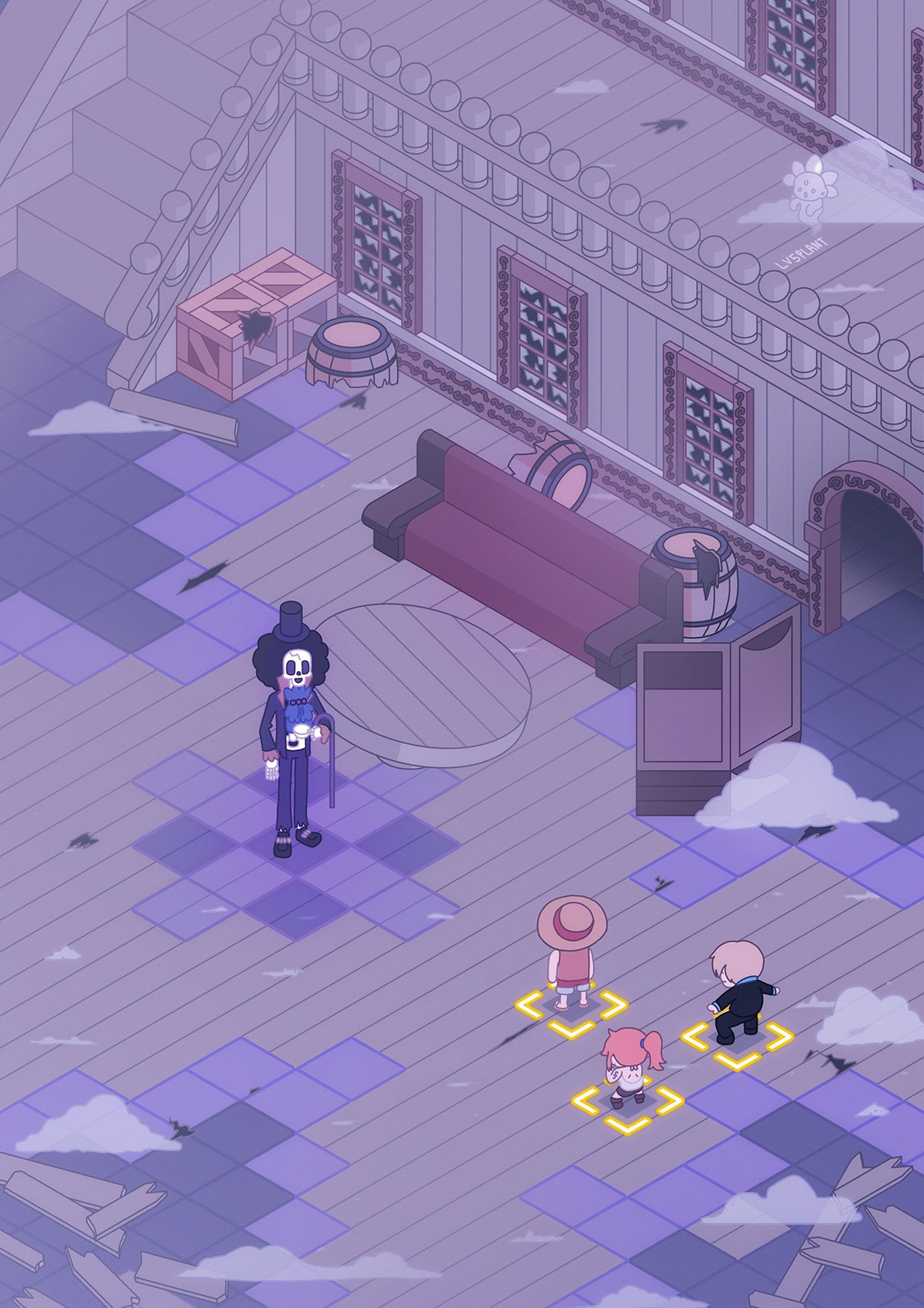 lv5plant, brook (one piece), monkey d. luffy, nami (one piece), sanji (one piece), one piece, commentary, highres, 1girl, 3boys, afro, artist self-insert, ascot, black hair, black suit, blue ascot, boat, cane, formal clothes, hat, holding, holding cane, isometric, multiple boys, on boat, orange hair, ponytail, signature, skeleton, smoke, straw hat, suit, watercraft
