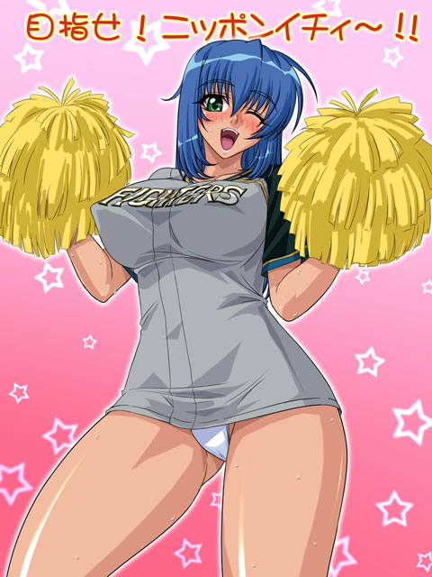 kagami hirotaka, emina (emina&aki), emina&aki, hokkaido nippon-ham fighters, nippon professional baseball, original, 1girl, bikini, bikini bottom only, blue hair, blush, breasts, cheerleader, clothes writing, covered erect nipples, female focus, green eyes, happy, large breasts, one eye closed, open mouth, panties, pantyshot, pom pom (cheerleading), solo, sweat, swimsuit, underwear, wink
