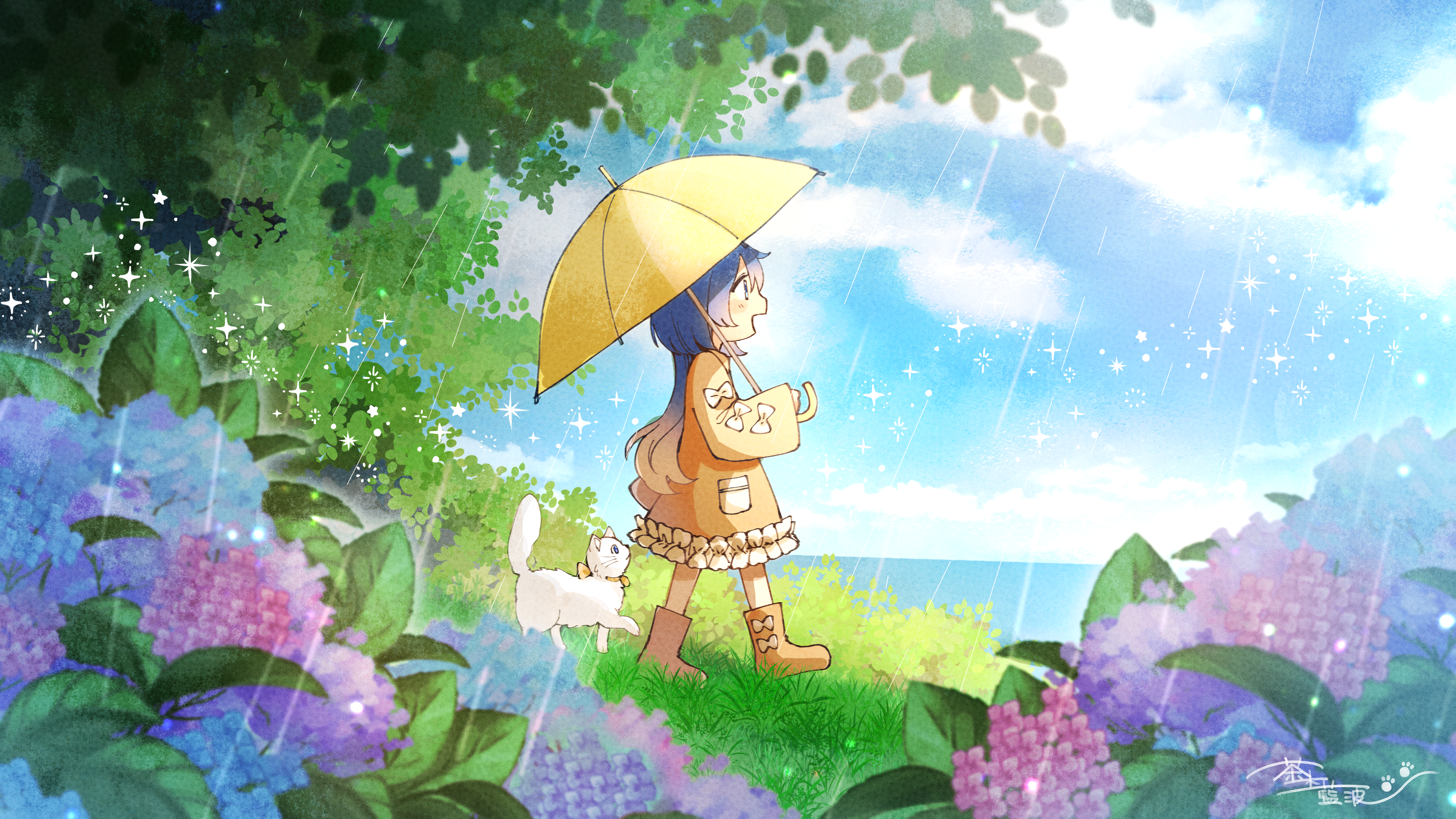original, absurdres, commentary request, highres, 1girl, :d, blue hair, blue sky, boots, chaki aiha, cloud, day, flower, full body, grass, holding, holding umbrella, hydrangea, long hair, long sleeves, open mouth, outdoors, rain, raincoat, rubber boots, sky, smile, solo, standing, umbrella, yellow boots, yellow raincoat, yellow umbrella