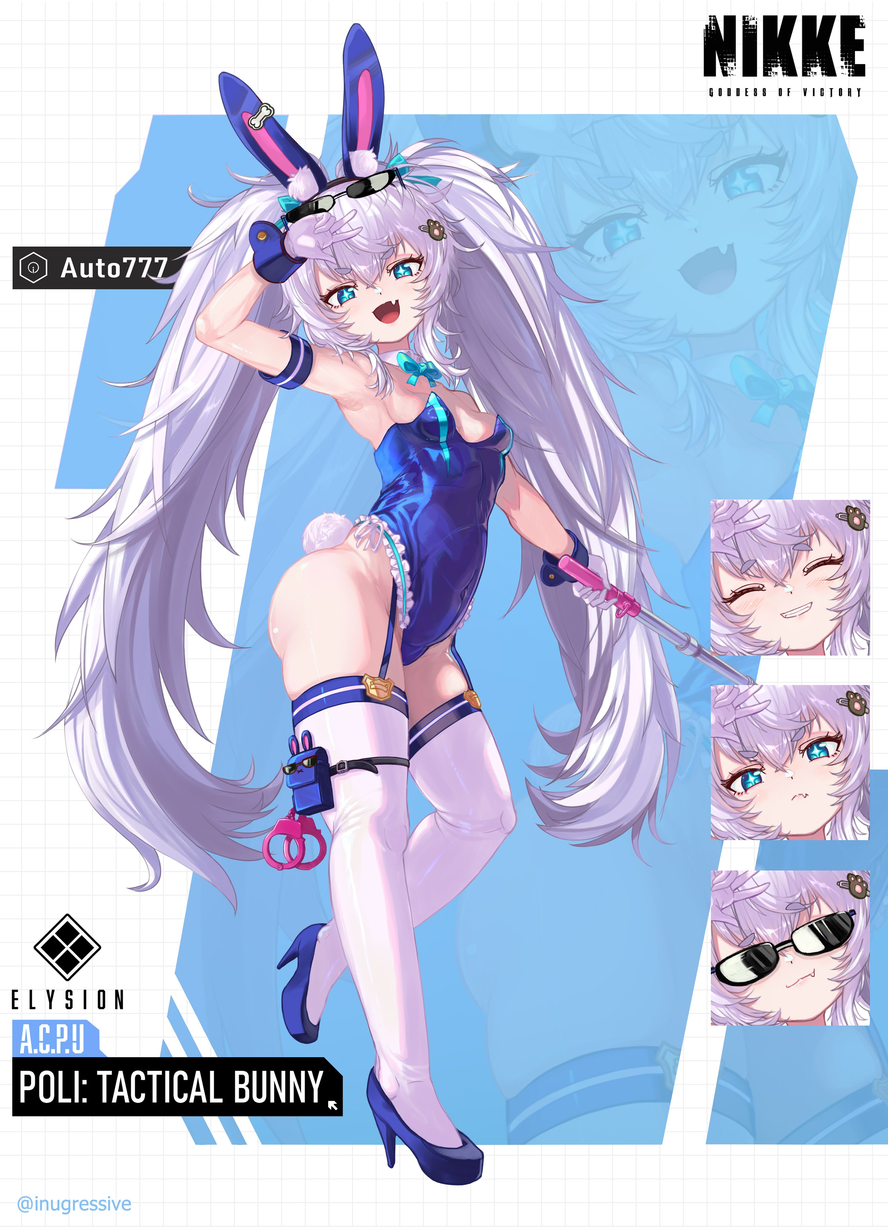 inugressive, poli (nikke), goddess of victory: nikke, fluffy hair, absurdres, highres, 1girl, animal ears, arm up, armband, baton (weapon), blue armband, blue bow, blue bowtie, blue eyes, blue leotard, blue ribbon, blue shoes, bow, bowtie, breasts, character name, copyright logo, covered navel, cuffs, detached collar, eyewear on head, fake animal ears, fang, frilled leotard, frills, garter straps, gloves, grey hair, grid background, hair ribbon, happy, high heels, holding, holding weapon, leotard, long hair, looking at viewer, open mouth, paw hair ornament, playboy bunny, pouch, rabbit ears, rabbit tail, ribbon, serious, shoes, short eyebrows, small breasts, smug, standing, standing on one leg, strapless, strapless leotard, sunglasses, symbol-shaped pupils, tail, thigh pouch, thigh strap, thighhighs, twintails, twitter username, v, very long hair, weapon, white gloves, white thighhighs, wrist cuffs, zoom layer