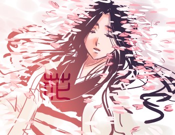 putimaxi, unohana retsu, bleach, lowres, 00s, 1girl, black hair, cherry blossoms, closed eyes, female focus, hair down, haori, japanese clothes, long hair, solo, taichou haori