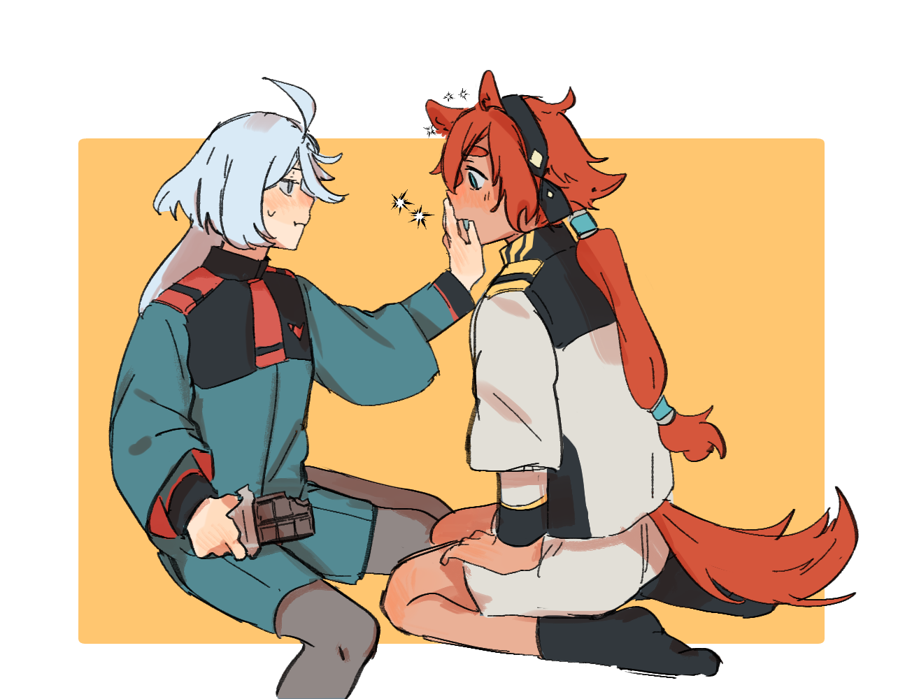 mao^2, miorine rembran, suletta mercury, gundam, gundam suisei no majo, commentary, 2girls, animal ears, asticassia school uniform, black hairband, black pantyhose, black socks, blue eyes, blush, chocolate, closed mouth, covering another's mouth, dog ears, dog girl, dog tail, drooling, food, green jacket, green shorts, hairband, hand on another's face, hand over another's mouth, holding, holding chocolate, holding food, jacket, kemonomimi mode, kneeling, long hair, multiple girls, orange background, pantyhose, pantyhose under shorts, ponytail, red hair, saliva, school uniform, shorts, socks, sparkle, sweat, tail, thick eyebrows, two-tone background, white background, white hair, white jacket, white shorts, yuri