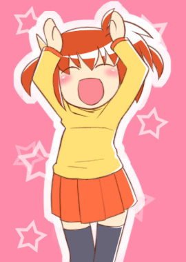 namuru, num, takamachi nanoha, lyrical nanoha, mahou shoujo lyrical nanoha, popotan, animated, animated gif, lowres, 1girl, black thighhighs, blush, brown hair, caramelldansen, closed eyes, dancing, female focus, hair ribbon, long sleeves, open mouth, parody, pink background, red skirt, ribbon, shirt, short hair, skirt, smile, solo, star (symbol), star symbol background, thighhighs, twintails, yellow shirt