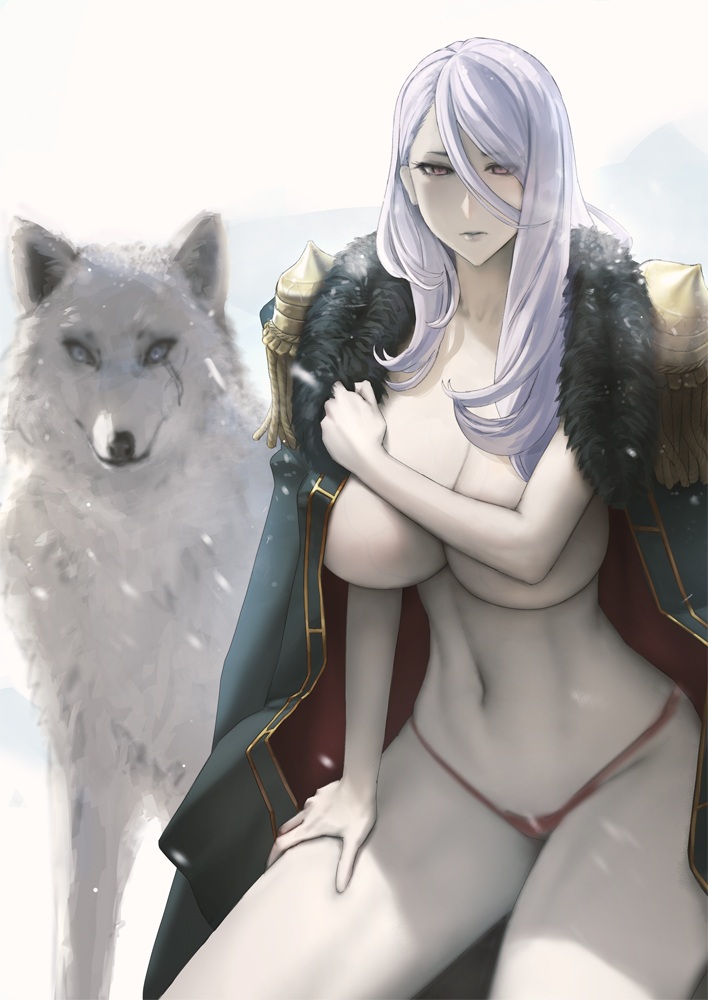eu03, crymaria levin, senjou no valkyria (series), senjou no valkyria 4, 1girl, black coat, breasts, coat, coat on shoulders, cowboy shot, epaulettes, fur-trimmed coat, fur trim, gold trim, hair between eyes, huge breasts, long hair, long hair between eyes, looking at viewer, pale skin, panties, purple hair, red panties, solo, underwear, white background, wolf, yellow eyes