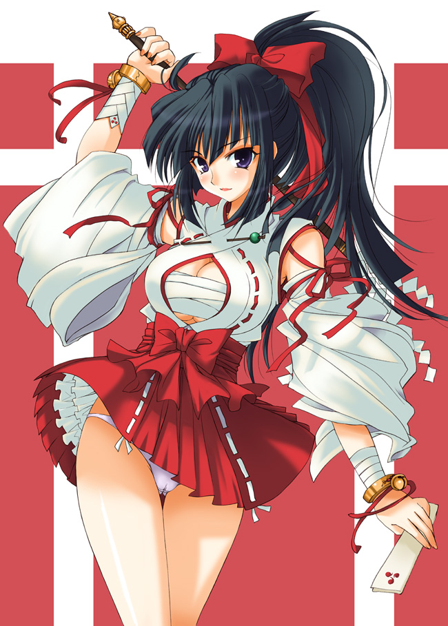 kagawa tomonobu, sukapon-do, yano takumi, original, 1girl, adapted uniform, bell, black hair, blush, bow, breasts, cameltoe, cleavage, detached sleeves, female focus, gohei, hair bow, japanese clothes, large breasts, miko, nontraditional miko, oonusa, open clothes, open shirt, panties, pantyshot, ponytail, purple eyes, ribbon, sarashi, shirt, solo, sword, thigh gap, thighs, underwear, weapon