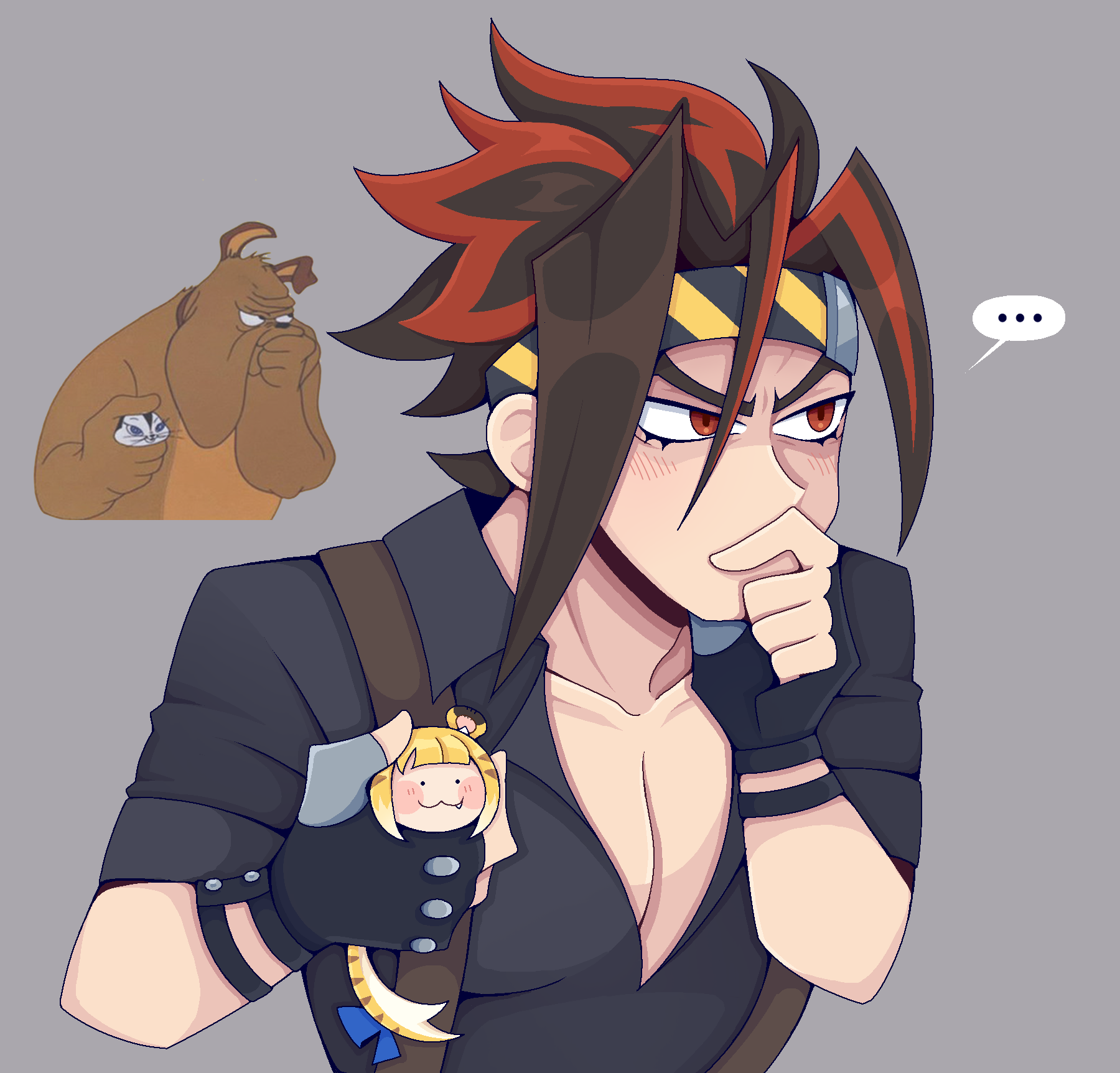 lady beemer, anton ivanov, ju fufu, looney tunes, zenless zone zero, highres, …, 1boy, 1girl, :3, animal ears, black shirt, blush stickers, brown hair, covering own mouth, fang, fang out, grey background, hand on own chin, hand over own mouth, headband, holding, holding mini person, looking to the side, marc antony (looney tunes), marc antony thinking (meme), meme, mini person, minigirl, multicolored hair, parody, partially shaded face, red eyes, red hair, reference inset, scene reference, shirt, short hair, short sleeves, simple background, size difference, smile, spoken ellipsis, suspenders, tail, thinking, tiger ears, tiger girl, tiger tail, two-tone hair, upper body, v-shaped eyebrows