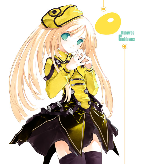 sumi keiichi, original, tagme, black thighhighs, hat, simple background, solo, swept bangs, thighhighs, white background, yellow hat, zettai ryouiki