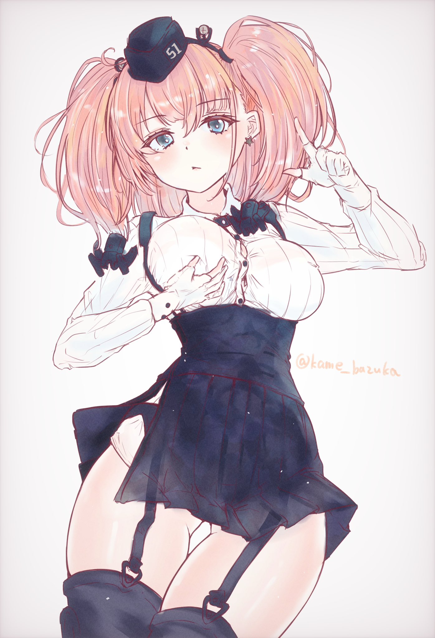 atlanta (kancolle), kantai collection, highres, 1girl, anchor hair ornament, black hat, blush, breasts, brown hair, butao, dress shirt, earrings, garrison cap, gloves, grey eyes, hair ornament, hand on own chest, hat, high-waist skirt, jewelry, large breasts, long hair, long sleeves, partially fingerless gloves, shirt, single earring, skirt, solo, star (symbol), star earrings, suspender skirt, suspenders, twitter username, two side up, white background, white shirt