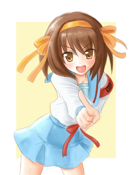 satogo, suzumiya haruhi, suzumiya haruhi no yuuutsu, bad id, bad pixiv id, 00s, brown hair, hairband, pointing, school uniform, serafuku, short hair, solo, yellow eyes