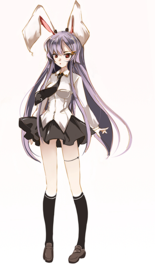 takaharu, reisen udongein inaba, touhou, light purple hair, 1girl, animal ears, black necktie, black skirt, black socks, female focus, full body, kneehighs, loafers, long hair, long sleeves, miniskirt, necktie, rabbit ears, red eyes, shirt, shoes, simple background, skirt, socks, solo, standing, white background, white shirt