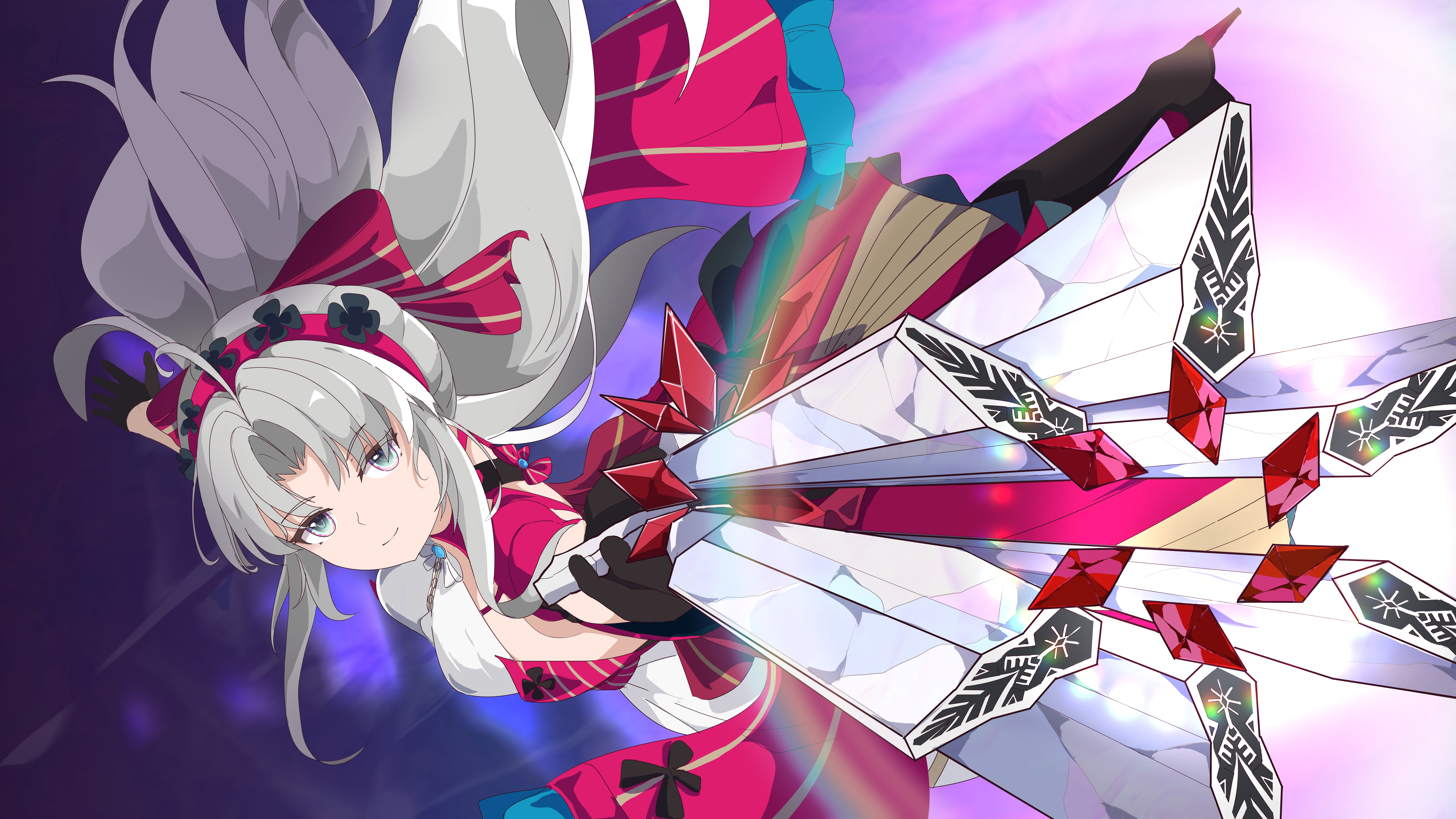 carlotta (wuthering waves), wuthering waves, absurdres, highres, 1girl, ahoge, aiming, aiming at viewer, aqua eyes, black gloves, bow, breasts, closed mouth, dress, gloves, grey hair, gun, hair bow, hairband, holding, holding gun, holding weapon, jacket, long hair, looking at viewer, medium breasts, missing commentary, parted bangs, pink bow, pink hairband, pink jacket, qianbihezhong, rifle, smile, solo, striped bow, weapon, white dress