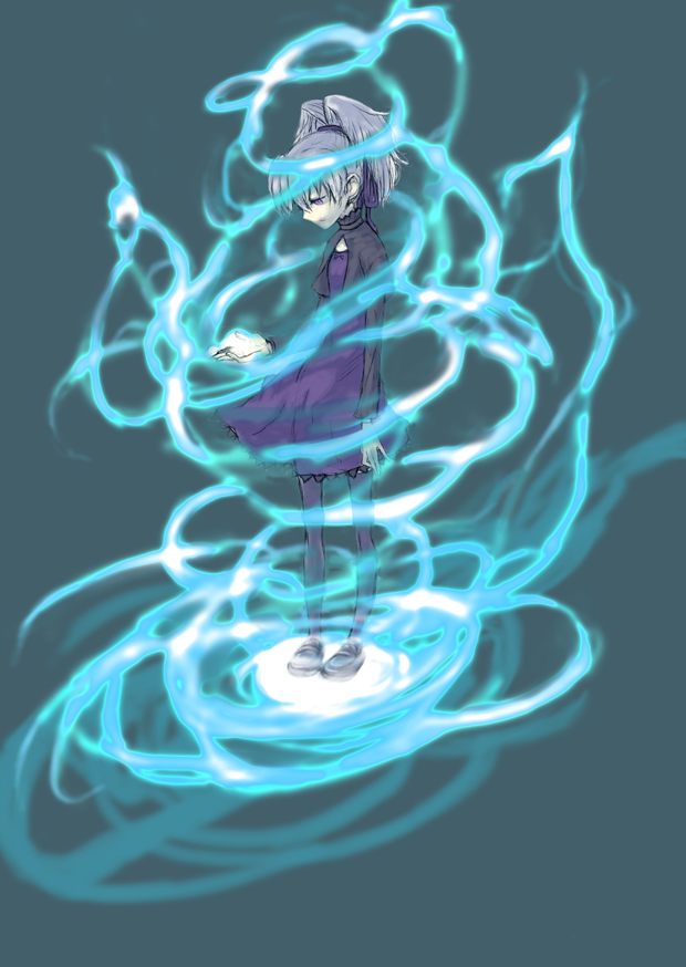 aizawa yoshihiko, yin (darker than black), darker than black, 00s, 1girl, aqua background, arm at side, black pantyhose, black shoes, blue fire, closed mouth, dress, expressionless, female focus, fire, full body, hair between eyes, hair ribbon, loafers, long sleeves, looking down, pale skin, pantyhose, purple dress, purple pantyhose, purple ribbon, ribbon, shoes, short hair, simple background, solo, standing, white hair