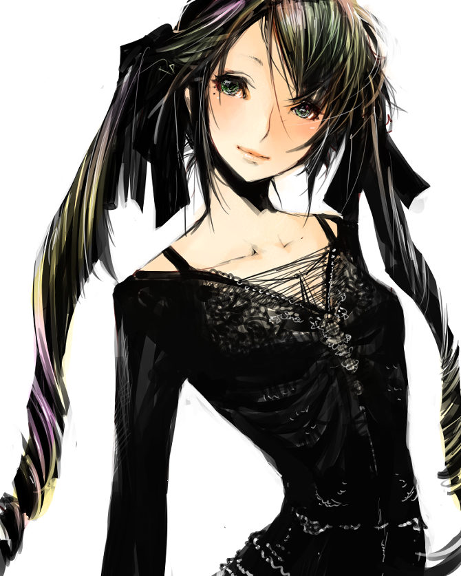 goshiki suzu, 1girl, black hair, dress, drill hair, female focus, green eyes, head tilt, long hair, mole, mole under eye, simple background, solo, twintails