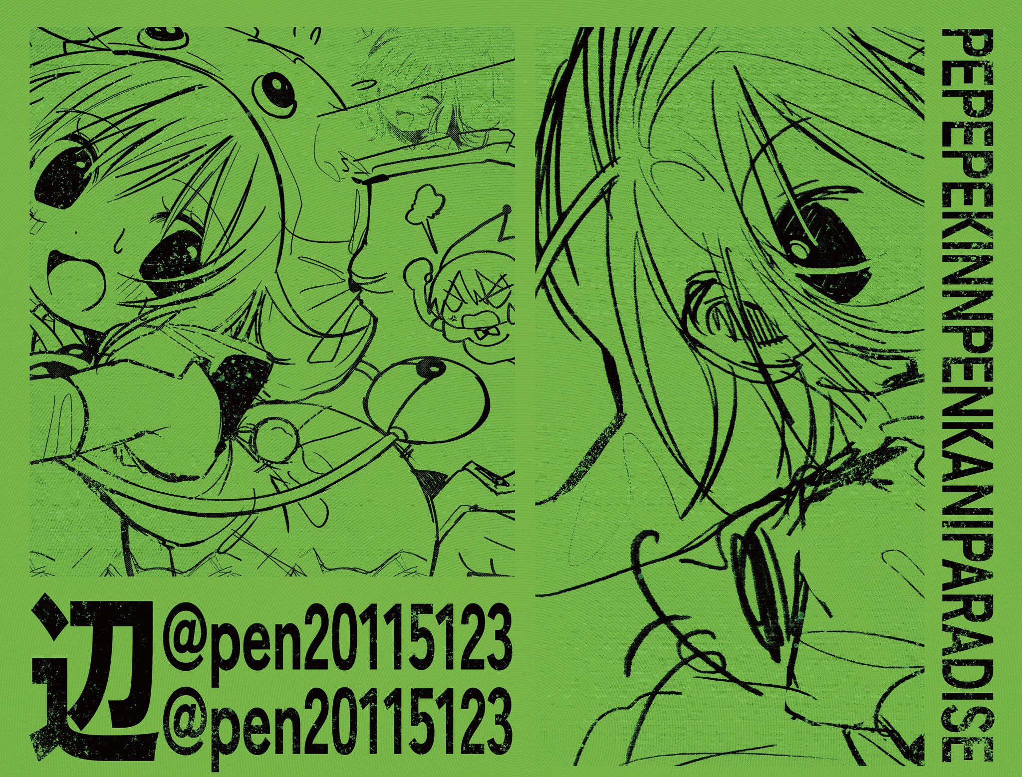 pepeppepe101, original, highres, 2girls, angry, animal hat, artist name, bag, dress, green background, handbag, hat, jester cap, looking at viewer, monochrome, multiple girls, multiple views, open mouth, rabbit hat, sleeveless, sleeveless dress, sweat, twitter username