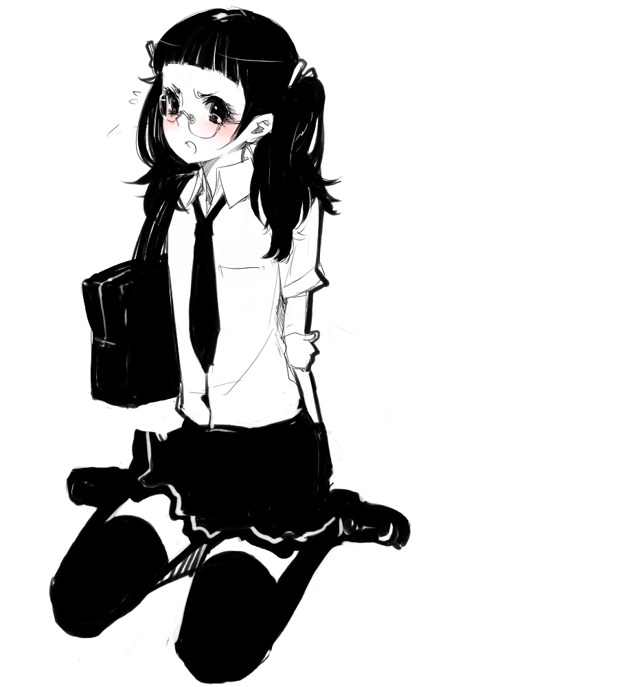 goshiki suzu, glasses, monochrome, necktie, school uniform, serafuku, solo, thighhighs, twintails
