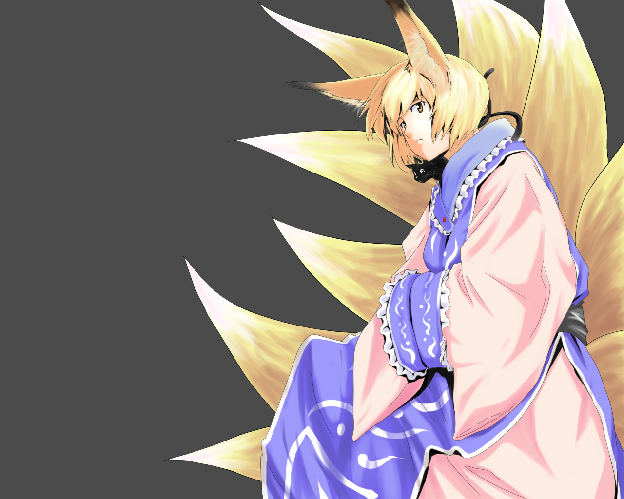 tenpura (tenpura621), chen, chen (cat), yakumo ran, touhou, bad id, bad pixiv id, 1girl, animal ears, blonde hair, female focus, fox ears, fox tail, hands in opposite sleeves, kitsune, kyuubi, long sleeves, multiple tails, no headwear, short hair, solo, tail, two tails, wide sleeves
