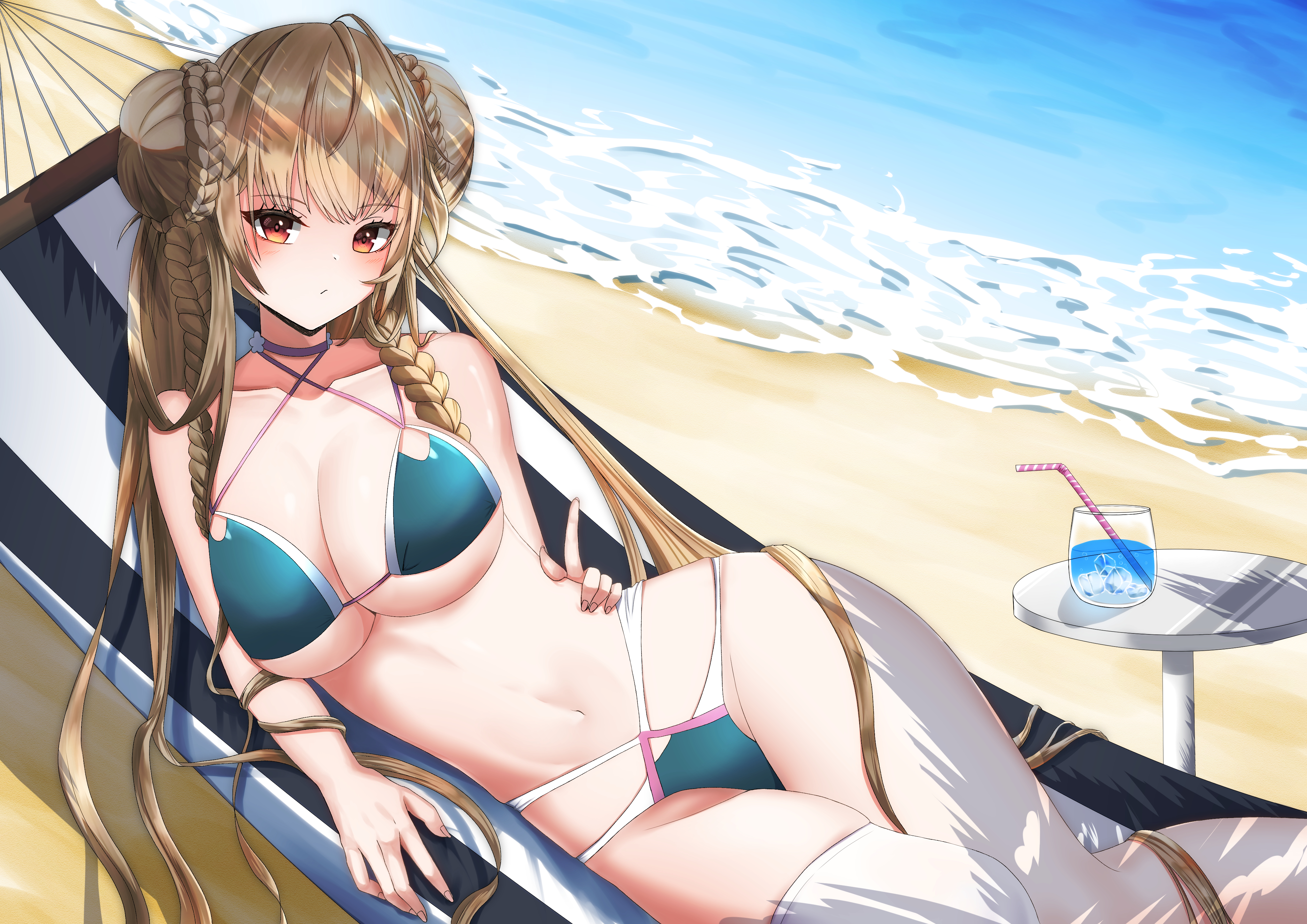 konparu uran, formidable (azur lane), formidable (the lady of the beach) (azur lane), azur lane, absurdres, commentary request, highres, 1girl, beach, bikini, blue bikini, braid, braided bun, breasts, criss-cross halter, day, double bun, hair bun, halterneck, hammock, large breasts, long hair, looking at viewer, lying, multi-strapped bikini bottom, multi-strapped bikini top, ocean, official alternate costume, on hammock, on side, outdoors, red eyes, round table, sand, single thighhigh, skindentation, solo, summer, swimsuit, table, thighhighs, very long hair, water