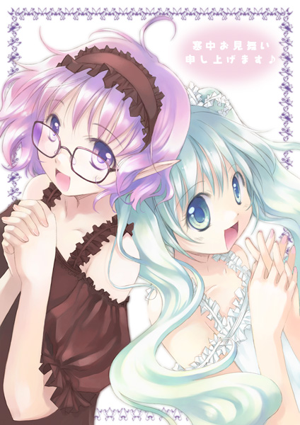 suzuki hanako, original, eyebrows, 2girls, :d, ahoge, blue eyes, blue hair, border, frills, glasses, hair ornament, hairband, interlocked fingers, long hair, looking at viewer, multiple girls, open mouth, own hands together, pointy ears, purple-framed eyewear, purple eyes, purple hair, short hair, smile, twintails, upper body