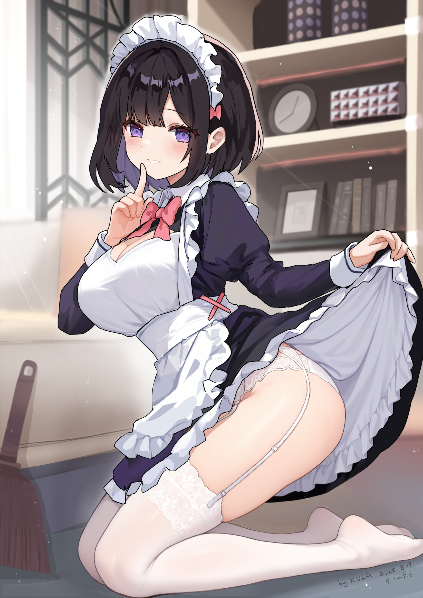 kkkula (kula), original, absurdres, commentary request, duplicate, highres, paid reward available, pixel-perfect duplicate, 1girl, apron, artist name, black dress, black hair, blunt bangs, blush, book, bow, bowtie, breasts, broom, cleavage, cleavage cutout, clock, clothes lift, clothing cutout, collared dress, colored inner hair, dated, dress, dress bow, dress lift, finger to mouth, frilled apron, frilled dress, frilled headwear, frills, garter straps, hand up, index finger raised, indoors, kneeling, large breasts, light particles, long sleeves, looking at viewer, maid, maid apron, maid headdress, multicolored hair, no shoes, on floor, panties, parted lips, picture frame, pink bow, puffy long sleeves, puffy sleeves, purple eyes, shelf, short hair, sidelocks, smile, solo, thighhighs, thighs, underwear, white apron, white panties, white sleeve cuffs, white thighhighs