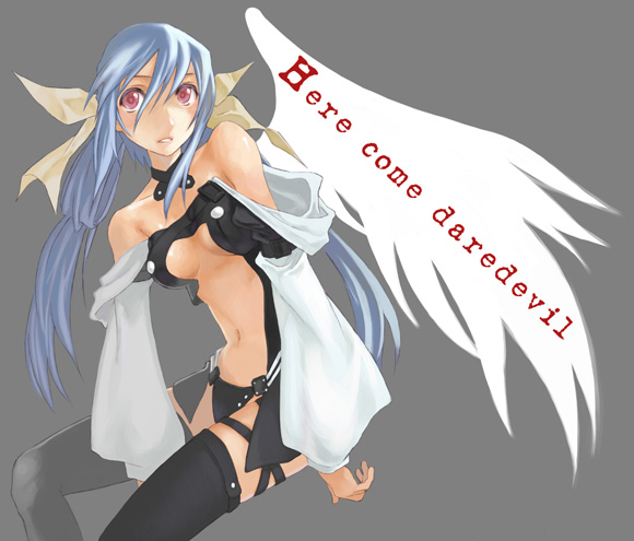 ushiki yoshitaka, dizzy (guilty gear), arc system works, guilty gear, 1girl, blue hair, bow, english text, engrish text, female focus, hair bow, ranguage, red eyes, solo, thighhighs, wings