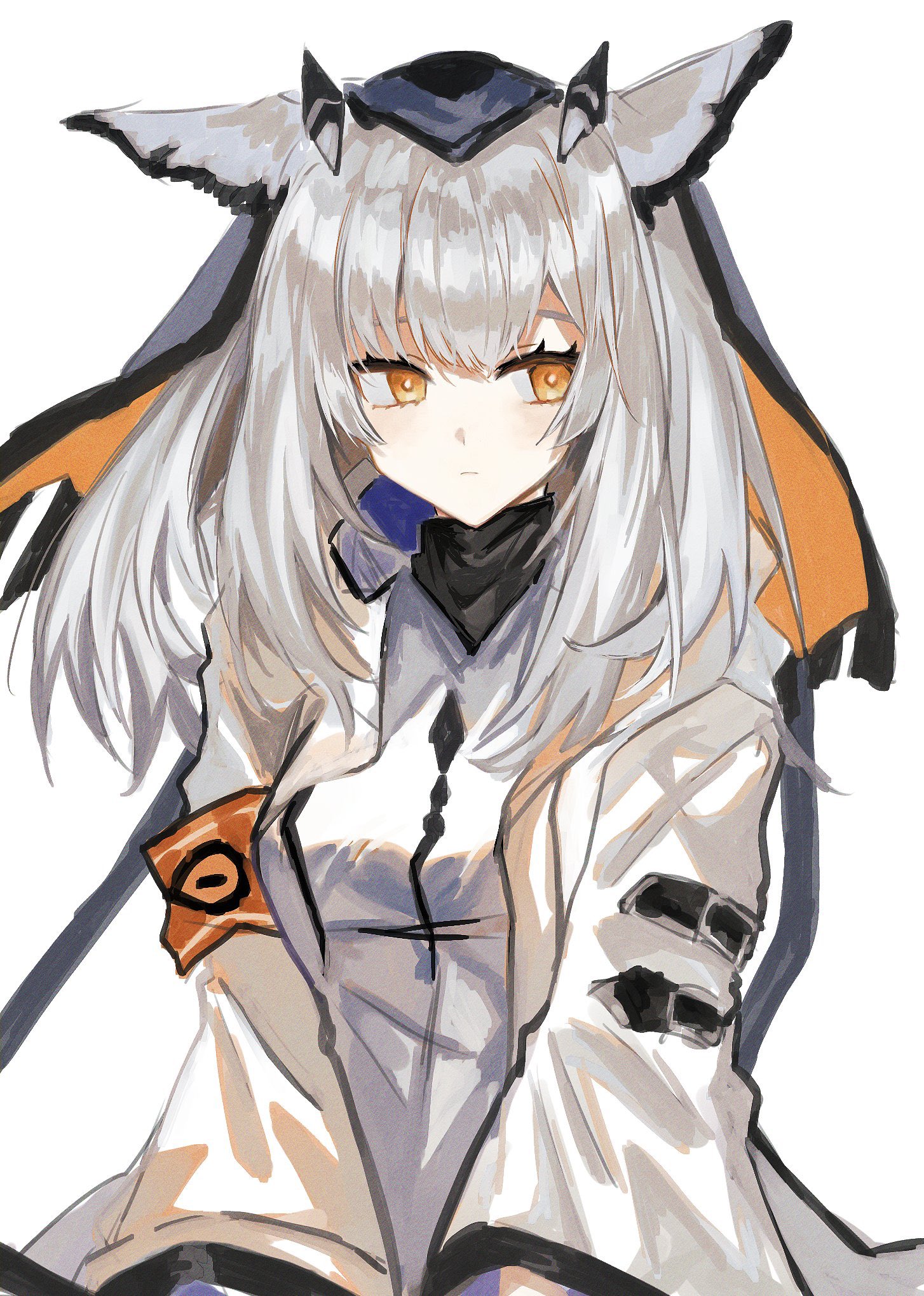 ptilopsis (arknights), arknights, highres, 1girl, armband, averting eyes, black hood, breasts, dot nose, dress, expressionless, feather hair, grey dress, grey hair, light frown, long hair, long sleeves, medium breasts, nktg, orange armband, orange eyes, owl ears, owl girl, pointy hair, rhine lab logo, simple background, solo, upper body, white background